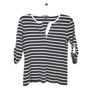 Jones New York Signature Women M Navy Blue White Stripe Nautical 3/4 Sle…